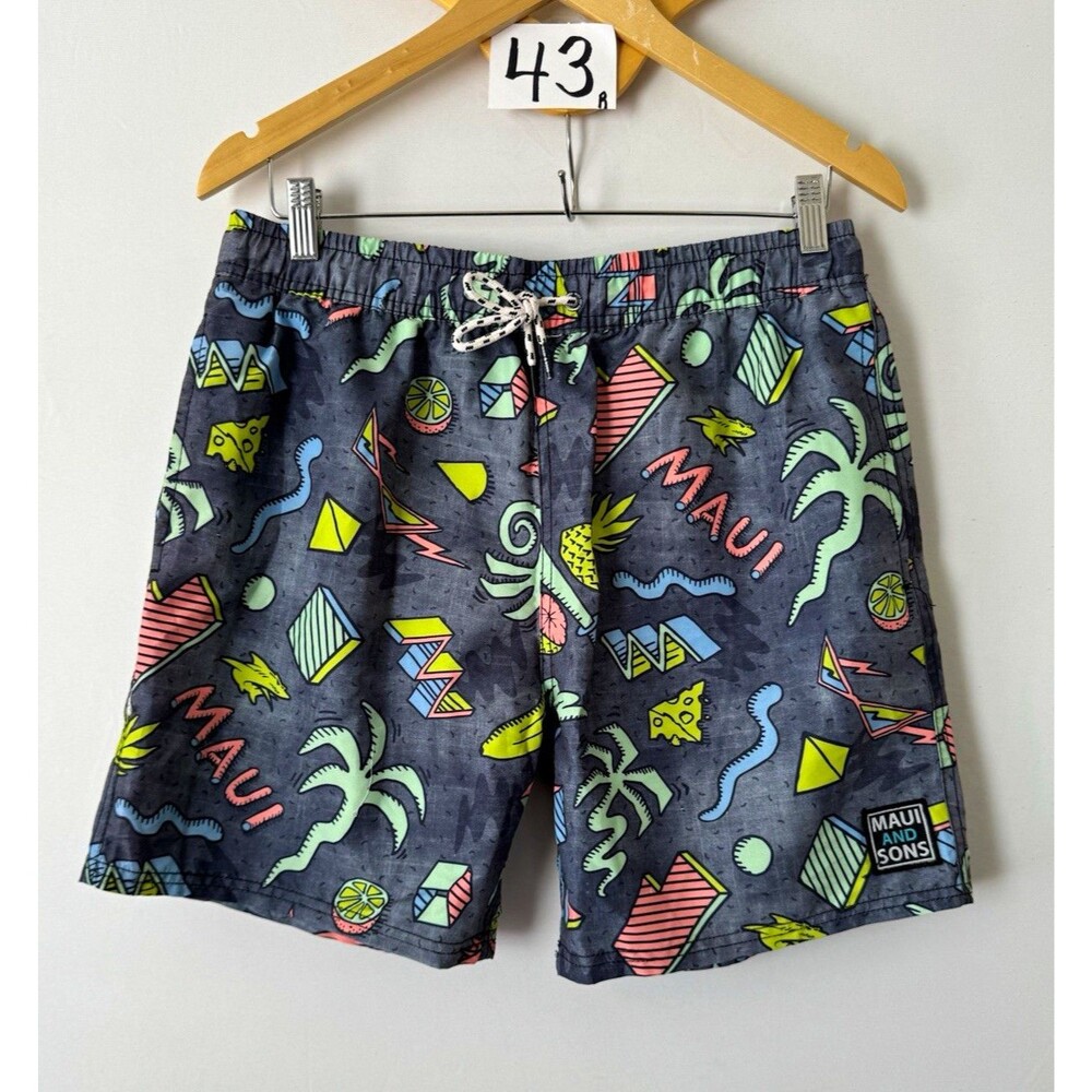 Maui and Sons Swim Trunks Men’s S Gray Multicolor Geometric Drawstring 90s